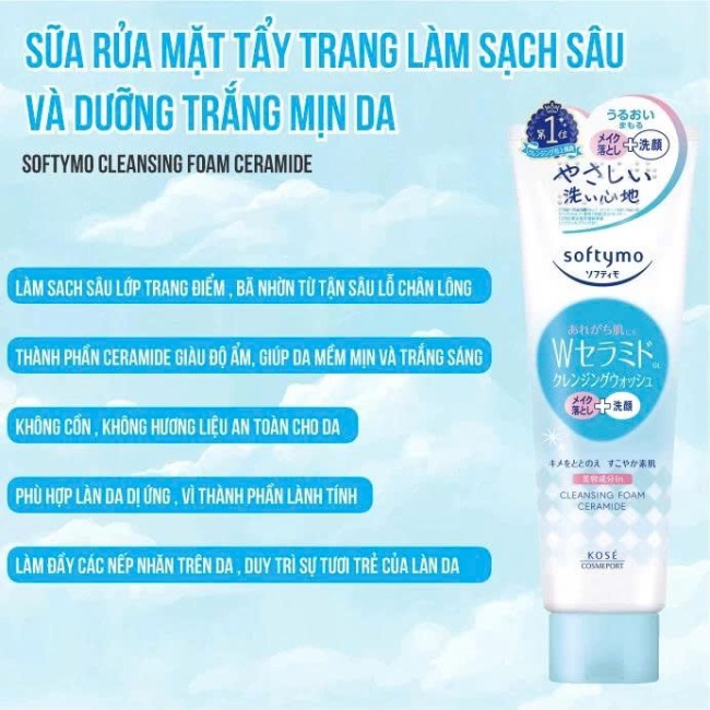 Sữa Rửa Mặt & Tẩy Trang Dưỡng Ẩm Ngăn Ngừa Lão Hóa Da Kosé Softymo 2in1 190g