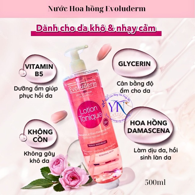 Nước Hoa hồng cho da khô, nhạy cảm Evoluderm 500ml