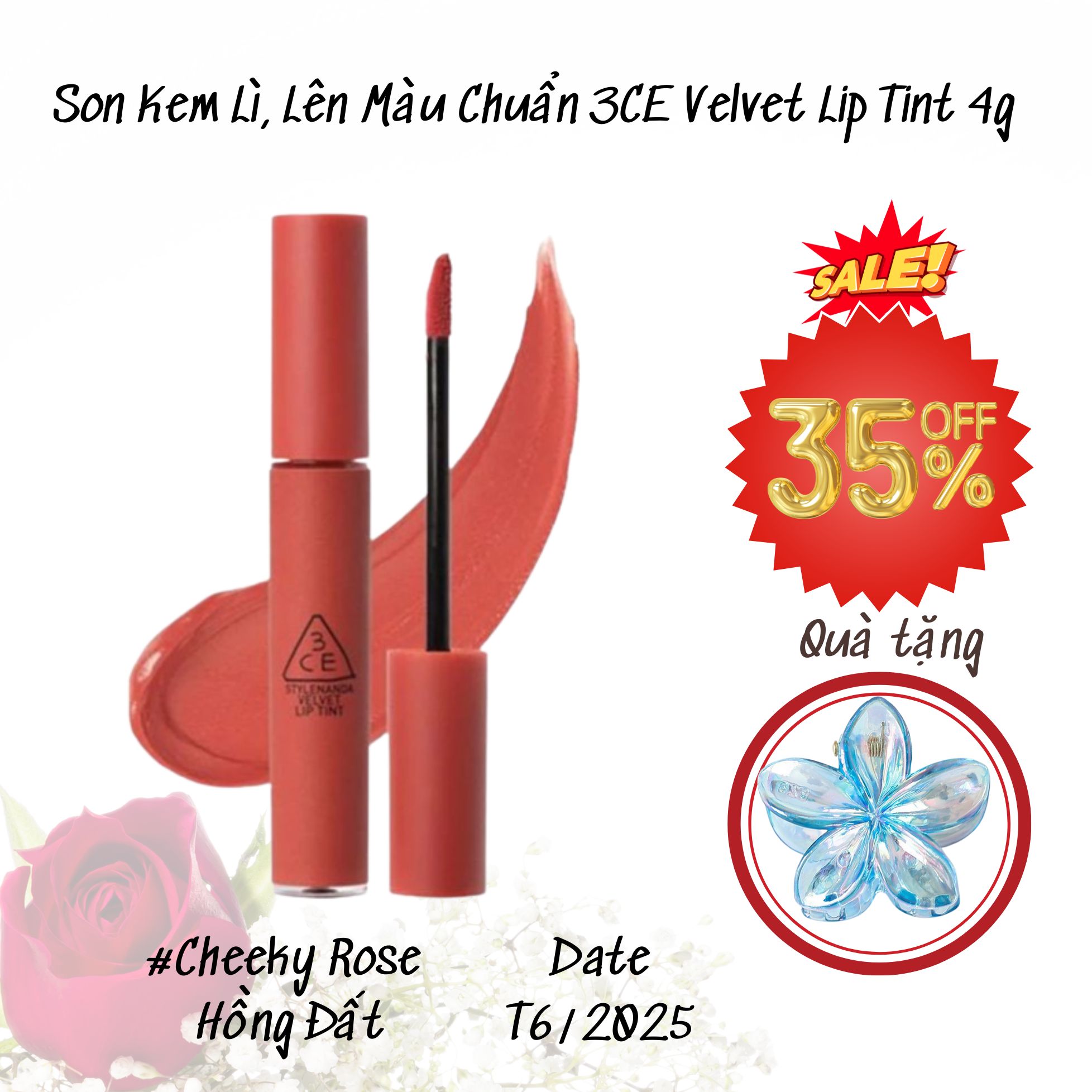 16.3 Son Kem Lì, Lên Màu Chuẩn 3CE Velvet Lip Tint 4g