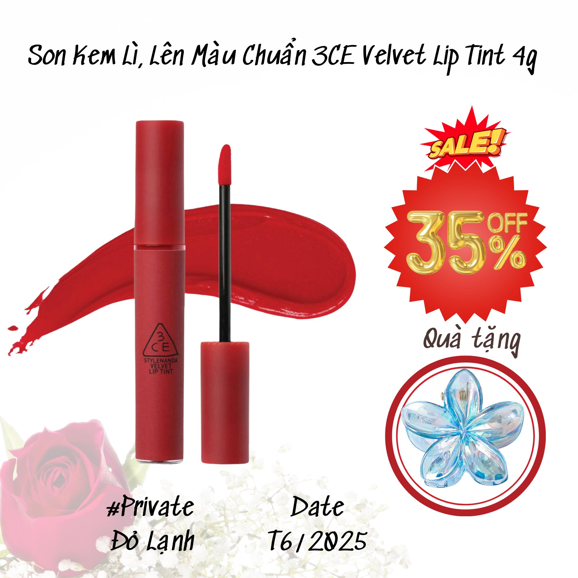 16.3 Son Kem Lì, Lên Màu Chuẩn 3CE Velvet Lip Tint 4g