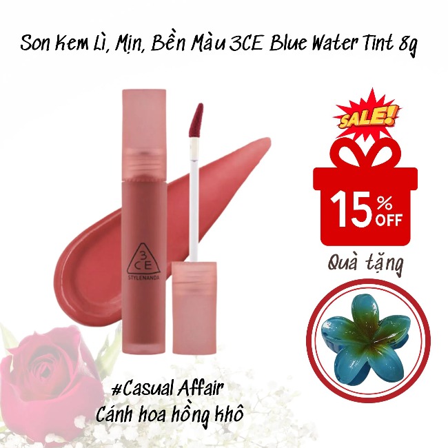 Son Kem Lì, Mịn, Bền Màu 3CE Blue Water Tint 8g