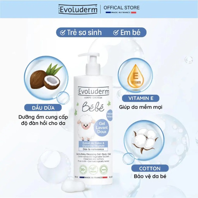 Sữa tắm gội dịu nhẹ cho bé Evoluderm 500ml