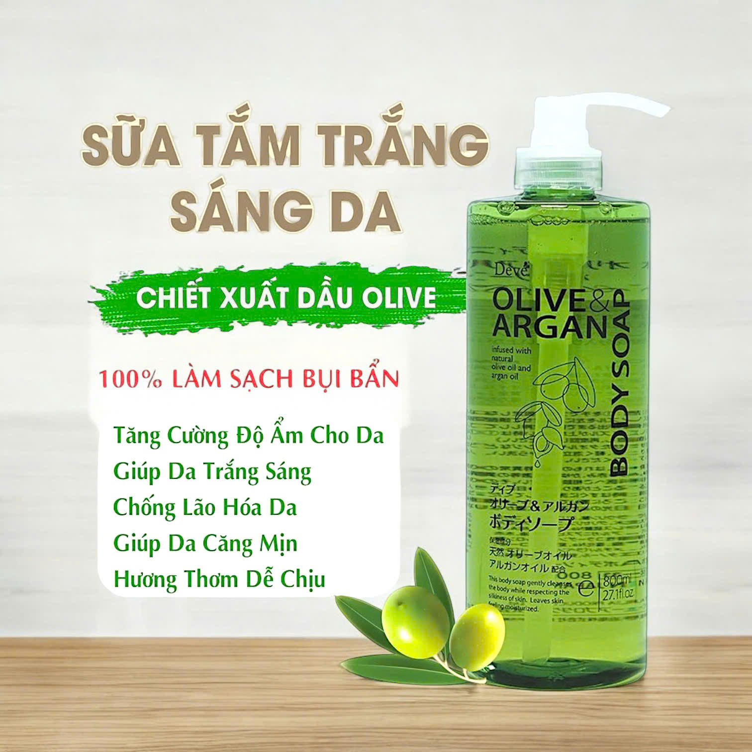 Sữa Tắm Kumano Deve Chiết Xuất Dầu Olive & Argan 800ml.