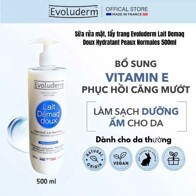 Sữa rửa mặt, tẩy trang hàng ngày cho da thường Evoluderm 500ml (3068)