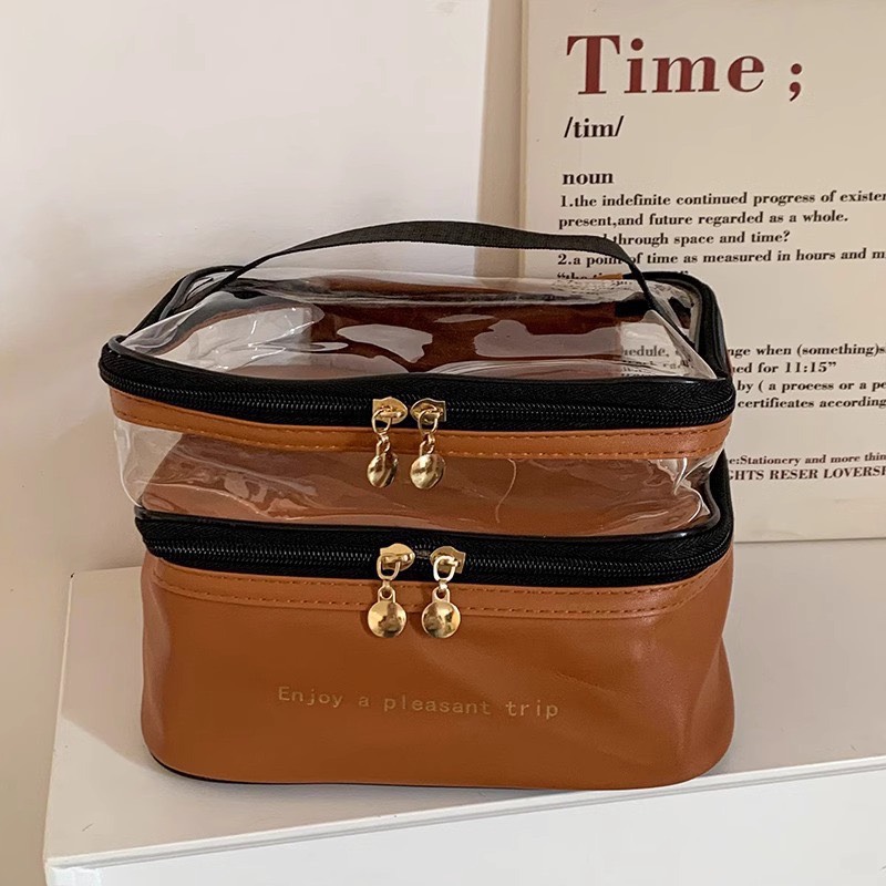 Túi đựng mỹ phẩm 2 tầng PVC màu nâu (24x17x17cm)