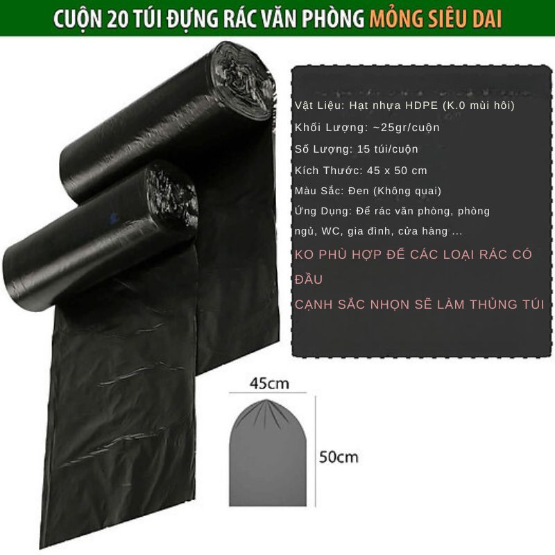 Sét 5 cuộn túi rác mini màu đen (15 túi/1 cuộn)