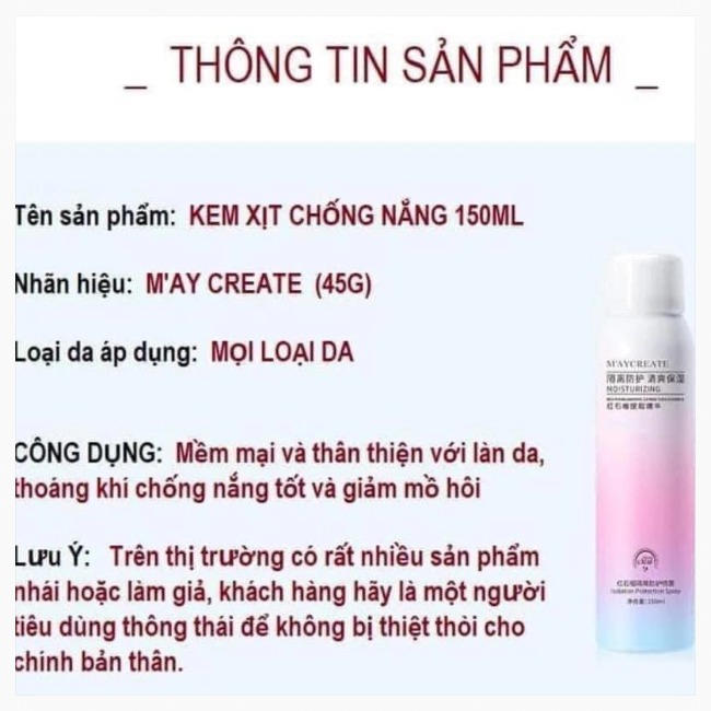 Xịt C.h.ố.n.g Nắng May.create Moisturizing Chính Hãng 150ml