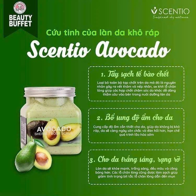 Tẩy Tế Bào Chết Toàn Thân Beauty Buffet Scentio Avocado Sherbet Body Scrub Hương Bơ 350ml