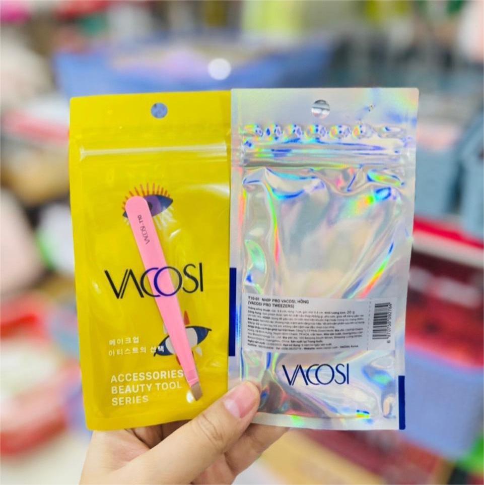Nhíp đầu bằng Pro Vacosi màu hồng dài 9,8cm thép không gỉ T10