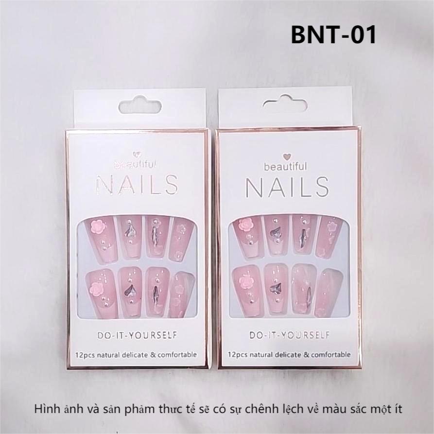 Bộ 12 móng tay giả đính hoa và đá Beautiful Nails LY-08 kèm keo dán