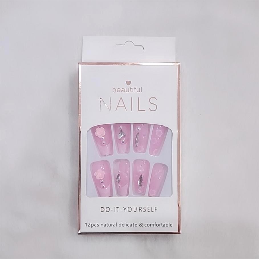 Bộ 12 móng tay giả đính hoa và đá Beautiful Nails LY-08 kèm keo dán