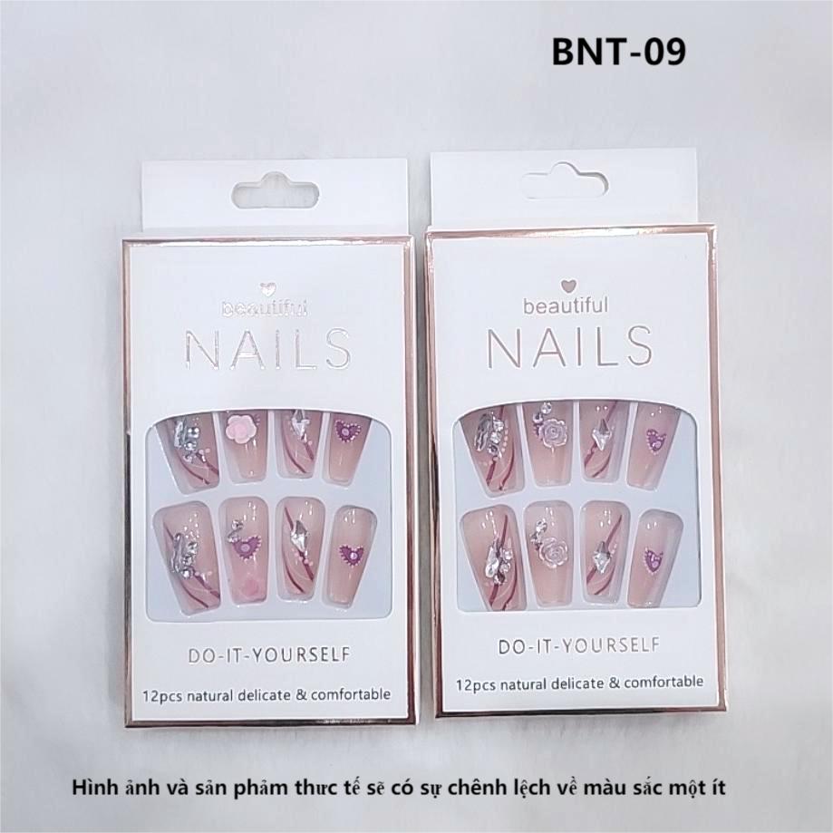 Bộ 12 móng tay giả đính hoa và đá Beautiful Nails LY-08 kèm keo dán