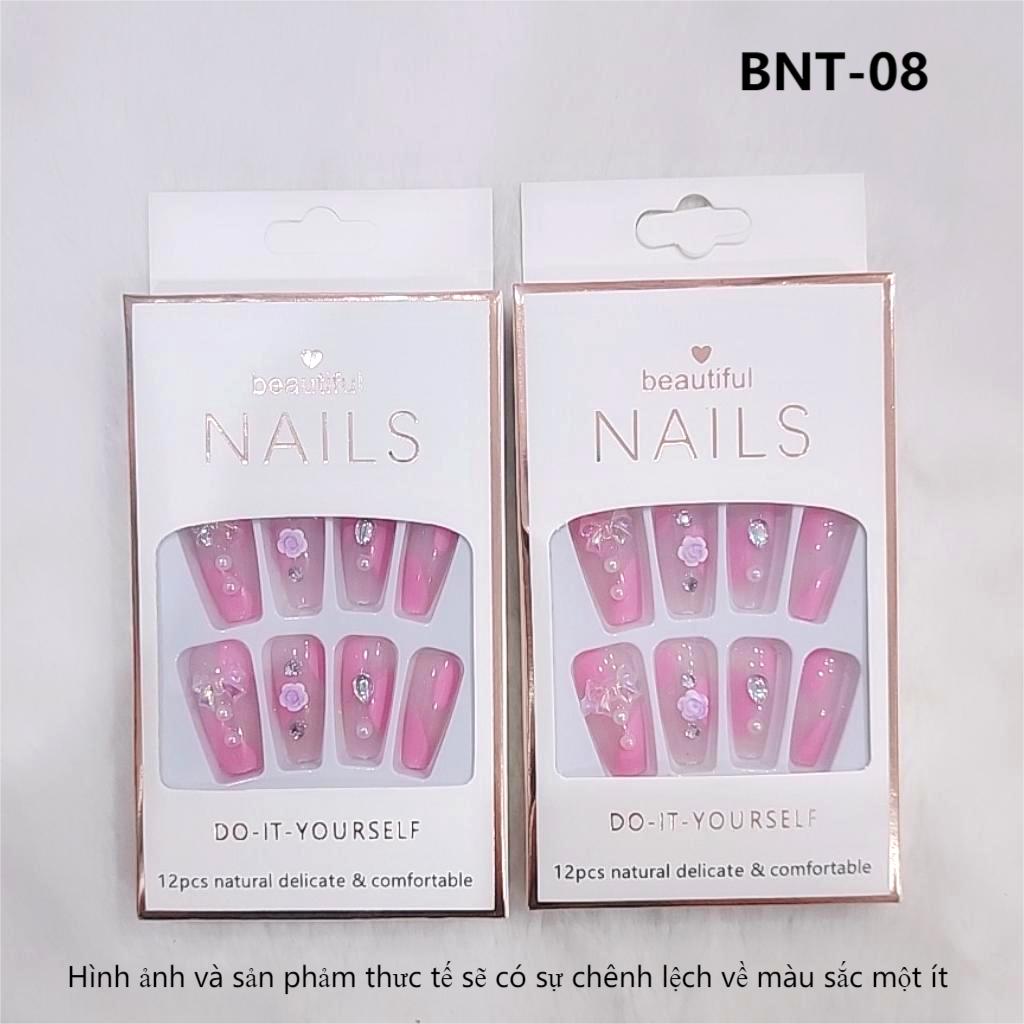 Bộ 12 móng tay giả đính hoa và đá Beautiful Nails LY-08 kèm keo dán