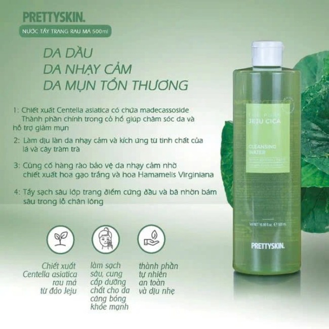 Nước Tẩy Trang Rau Má  PrettySkin The Pure Jeju Cica Cleansing Water 500ml