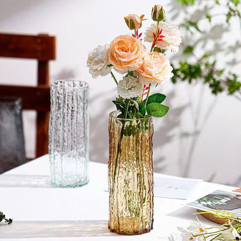 S3. Bình/lọ hoa thuỷ tinh kẻ sọc vintage size 25x10cm màu trà