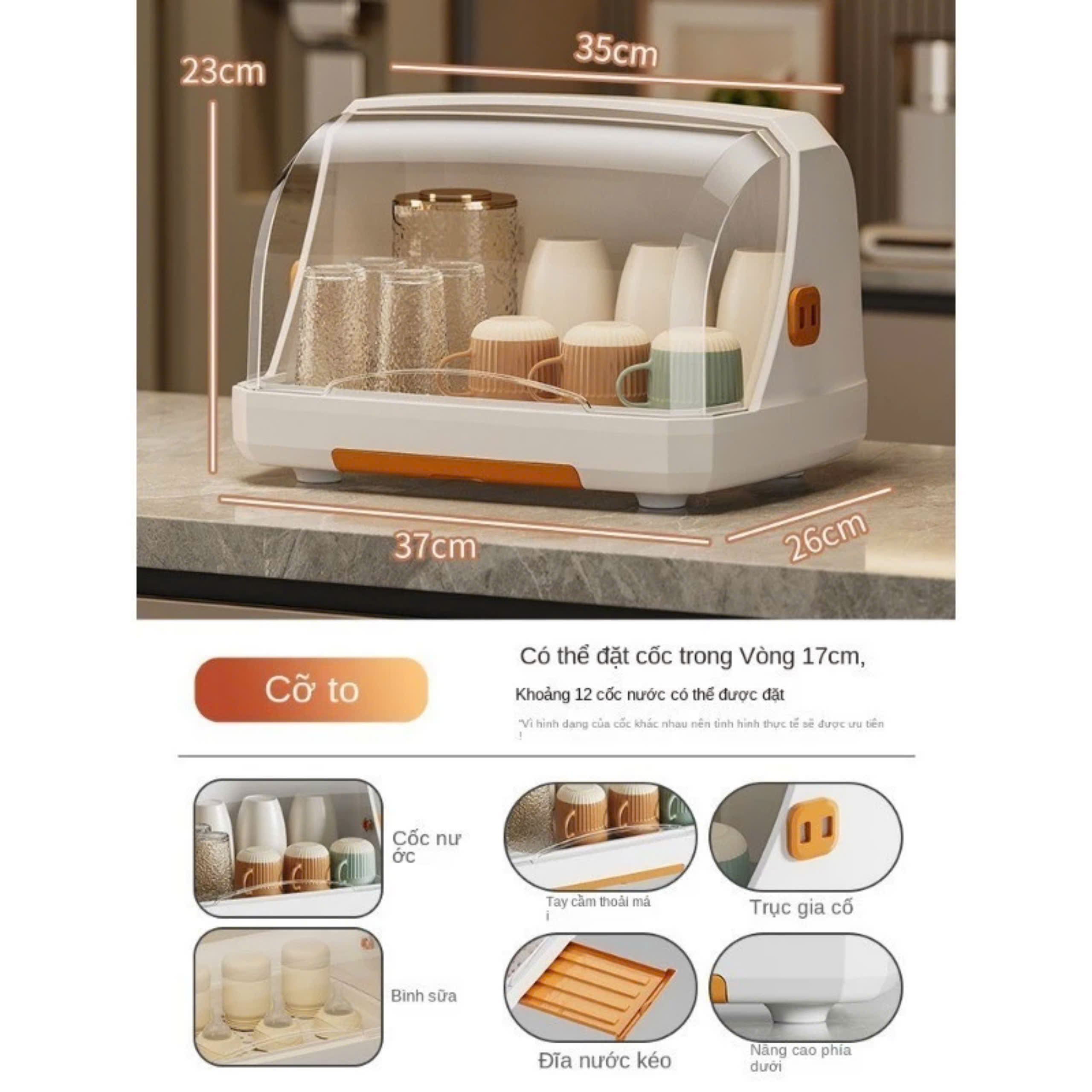 PT2.3 Rổ úp bát đĩa có nắp đậy đa năng màu trắng sữa 35cm