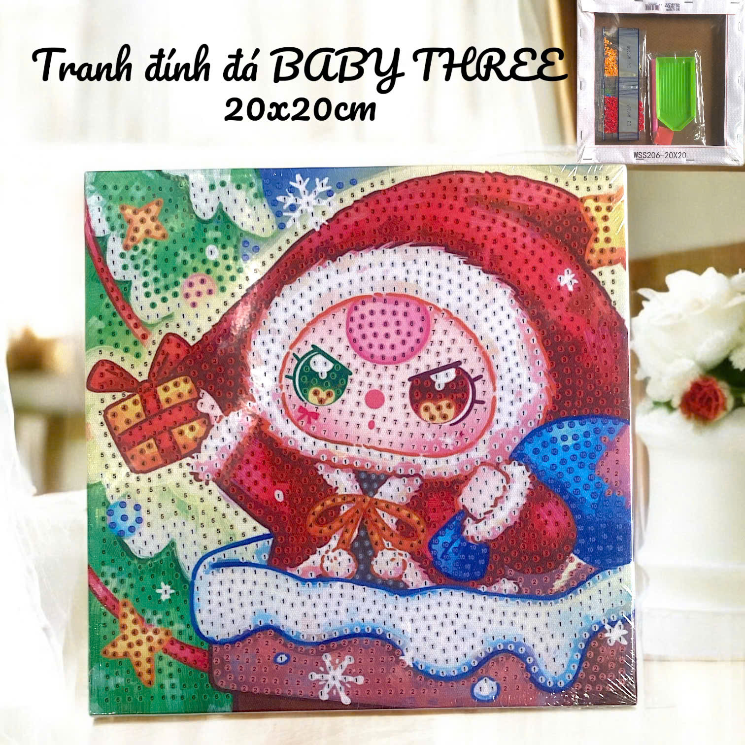 Tranh đính đ.á..BABY THREE khung gỗ, size 20x20cm kèm màu