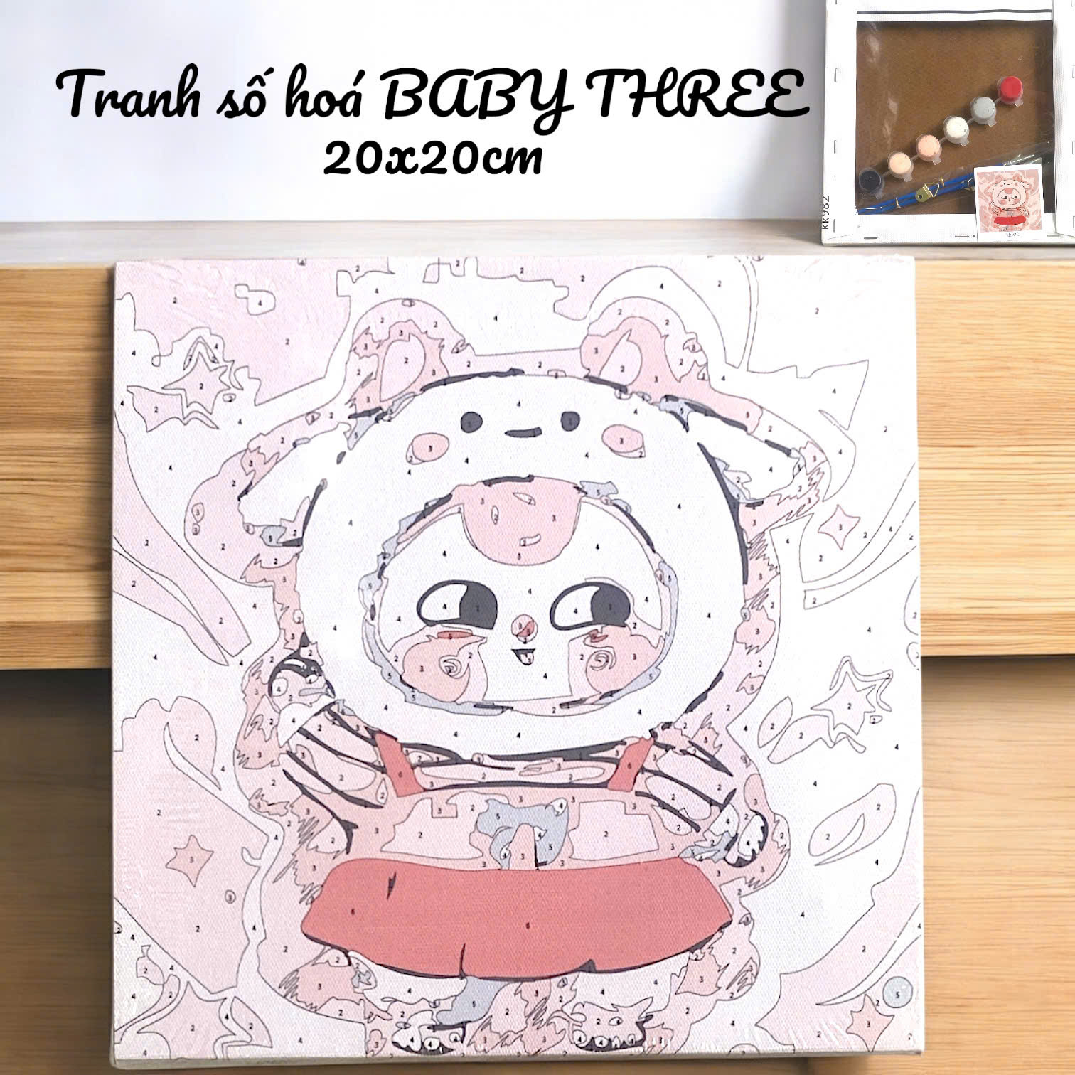 Tranh số hóa BABY THREE khung gỗ, size 20x20cm kèm màu