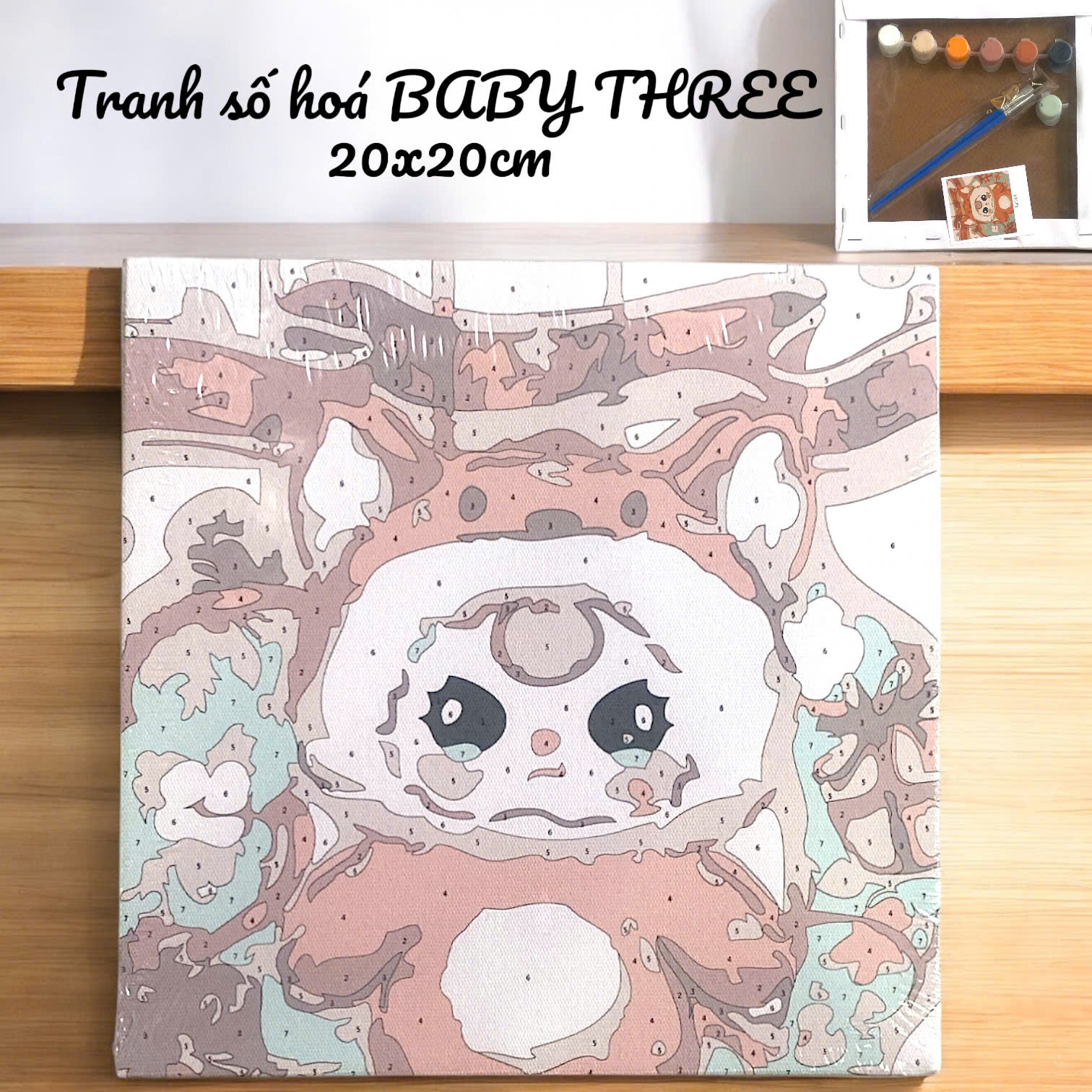 Tranh số hóa BABY THREE khung gỗ, size 20x20cm kèm màu