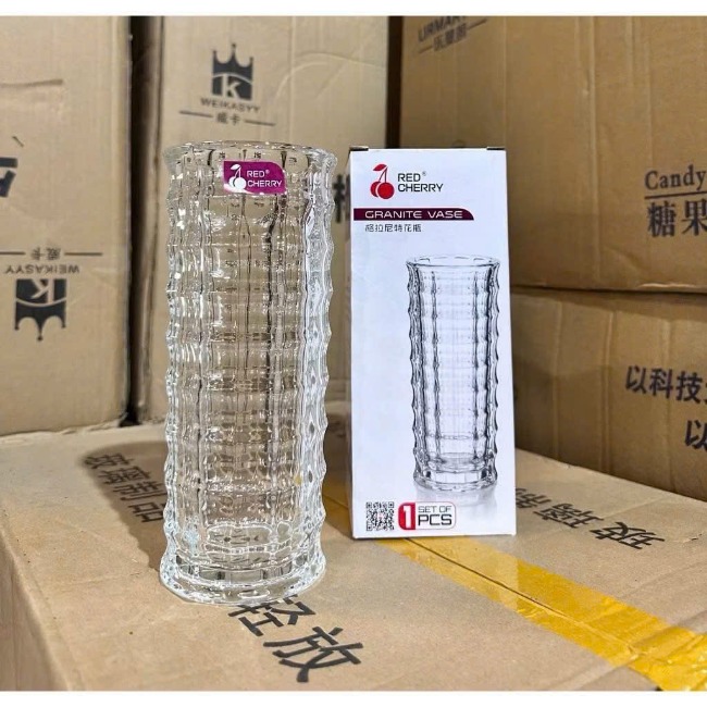 Bình/lọ hoa thuỷ tinh dáng trụ vân nổi (20x8cm)