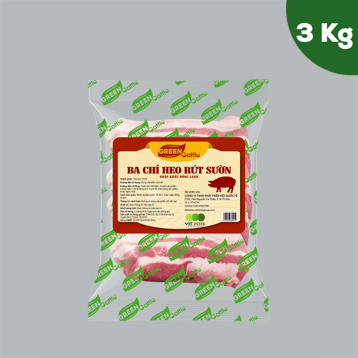 Ba chỉ heo rút sườn nhập khẩu đông lạnh Green Cattle (túi 1kg - 3kg - 5kg)