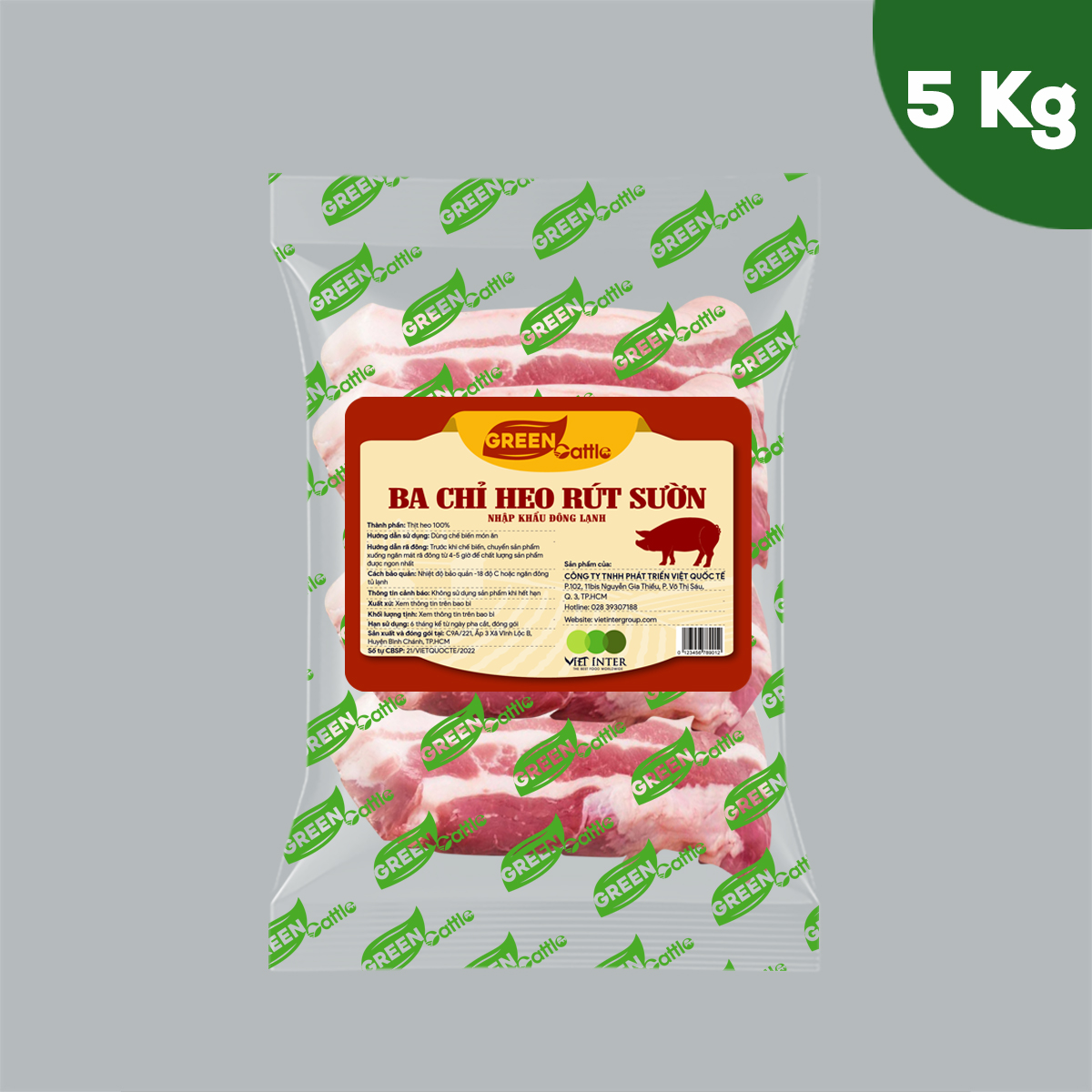 Ba chỉ heo rút sườn nhập khẩu đông lạnh Green Cattle (túi 1kg - 3kg - 5kg)