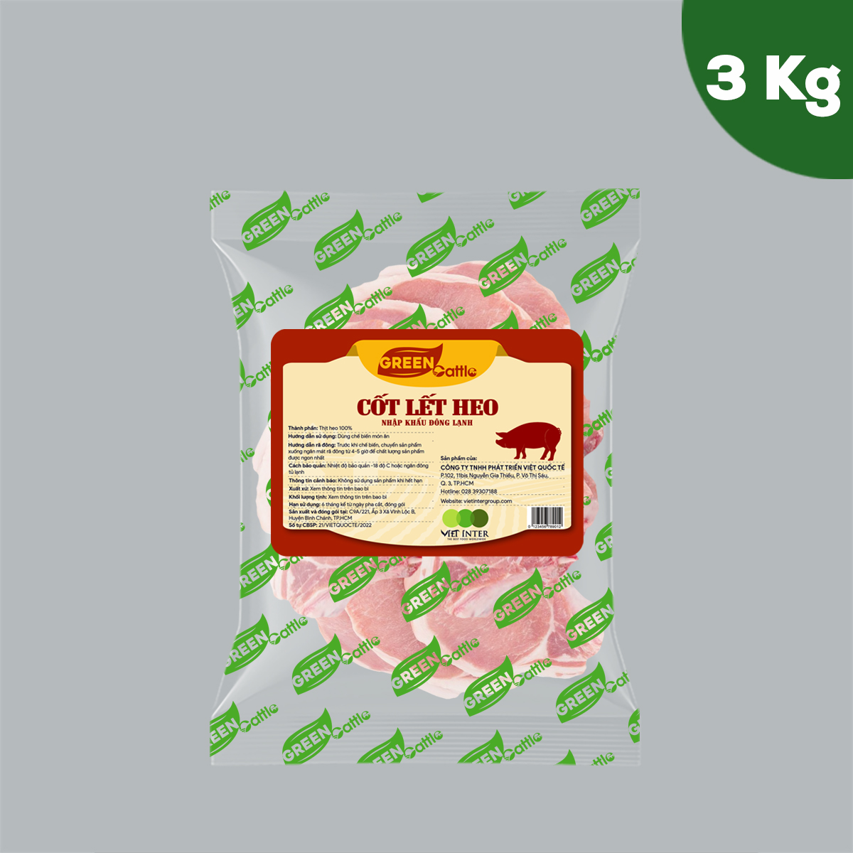 Cốt lết heo nhập khẩu đông lạnh Green Cattle (túi 1kg - 3kg - 5kg) - Brazil