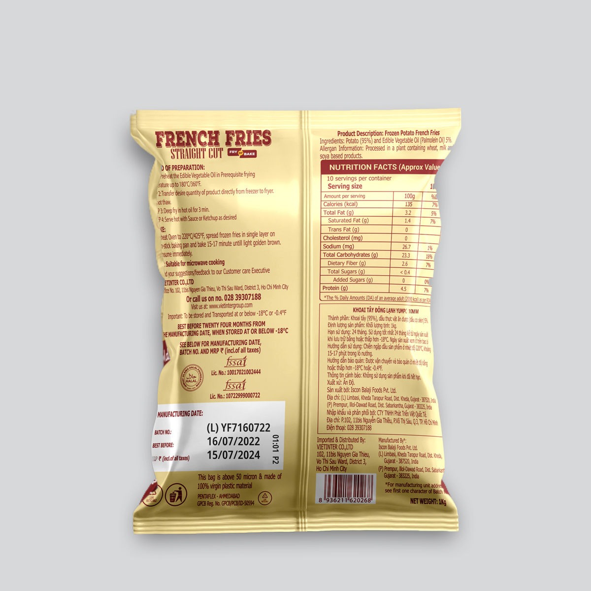 Khoai tây nhập khẩu đông lạnh Yumpo French Fries Straight Cut cắt thẳng 10x10mm (túi 1kg) - Ấn Độ