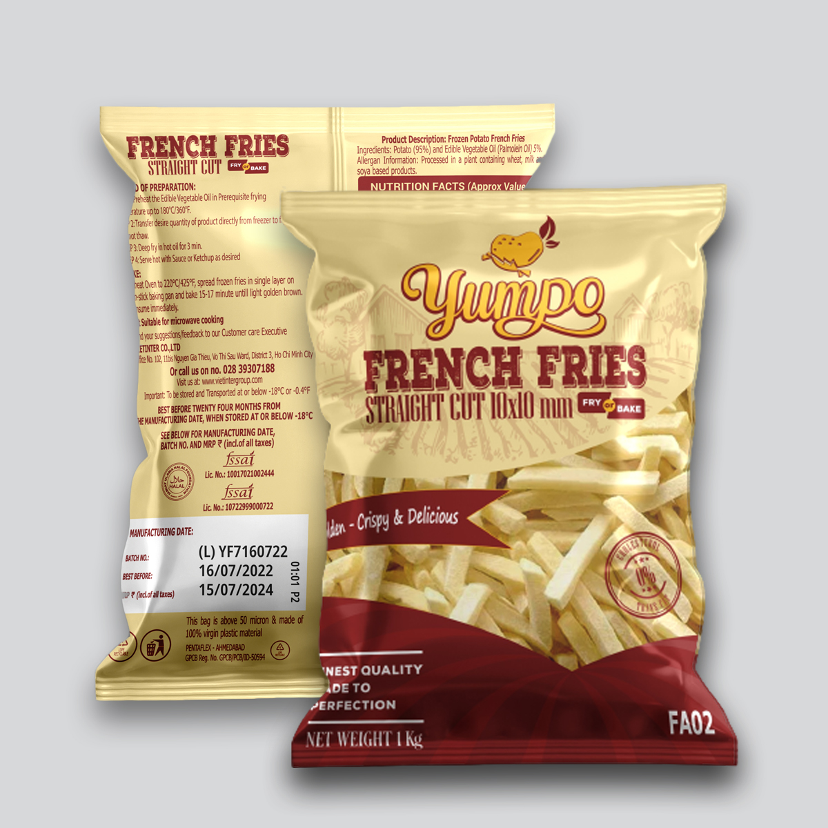 Khoai tây nhập khẩu đông lạnh Yumpo French Fries Straight Cut cắt thẳng 10x10mm (túi 1kg) - Ấn Độ