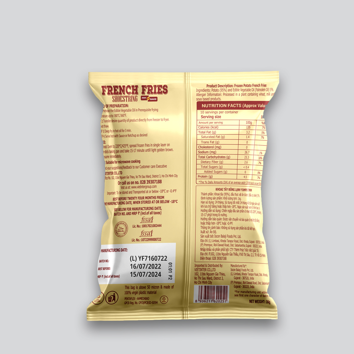 Khoai tây nhập khẩu đông lạnh Yumpo French Fries Shoestring cắt thẳng 7x7mm (túi 1kg) - Ấn Độ