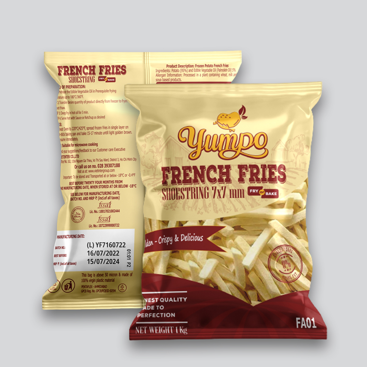 Khoai tây nhập khẩu đông lạnh Yumpo French Fries Shoestring cắt thẳng 7x7mm (túi 1kg) - Ấn Độ