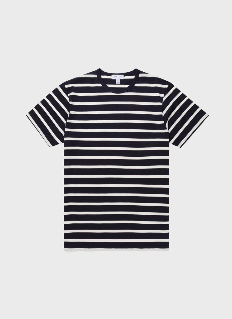 SS Crew Neck T Shirt in Navy/Ecru Breton