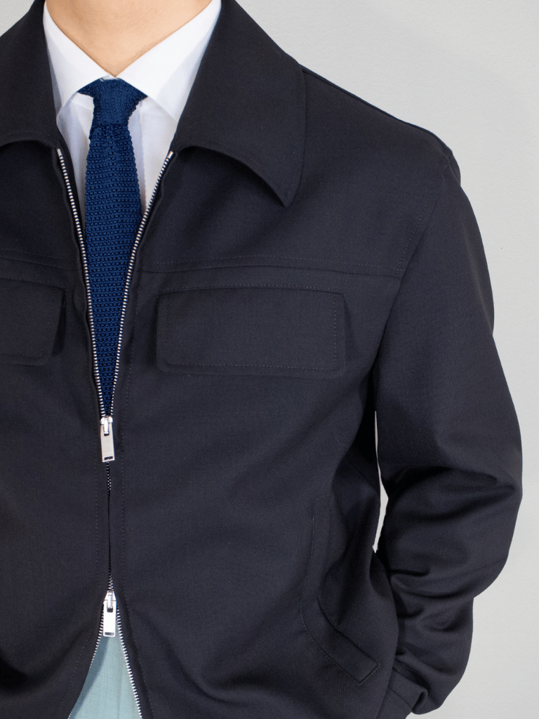 Black Tropical Wool Harrington Jacket