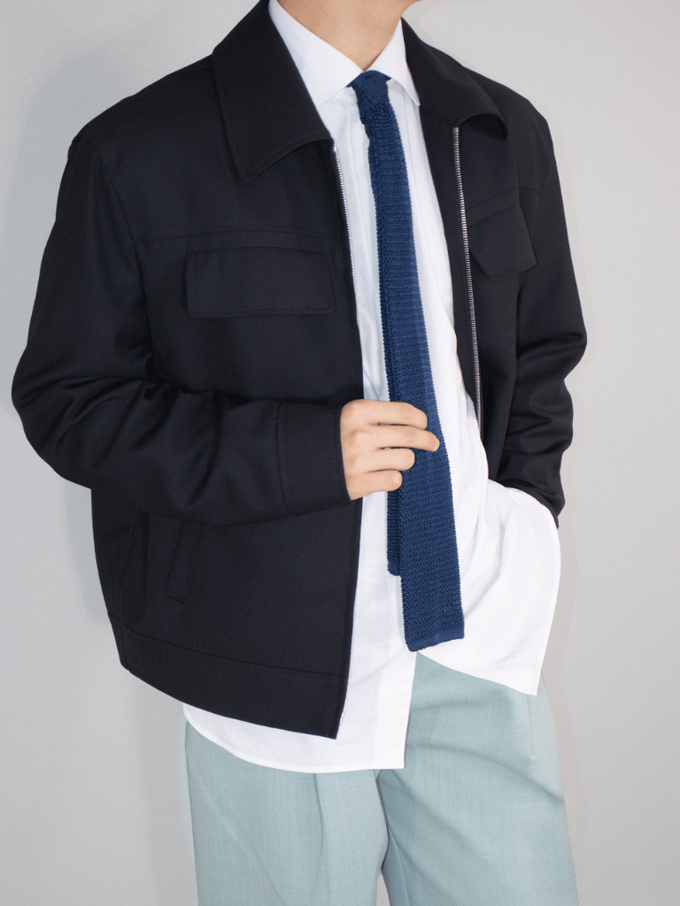 Black Tropical Wool Harrington Jacket