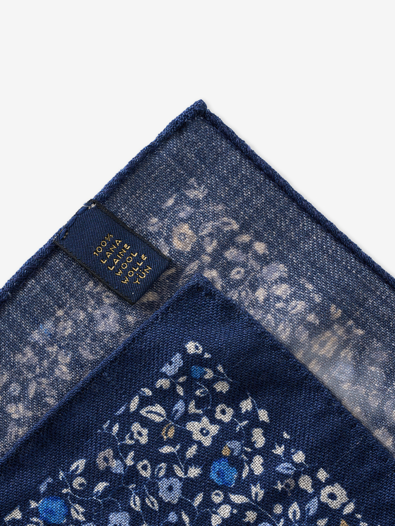 Navy Floral Garden Wool Pocket Square
