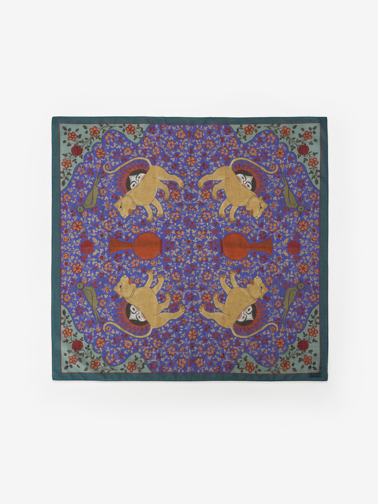 Ispahan Folk Pattern Blue Cotton Voile Printed Scarf