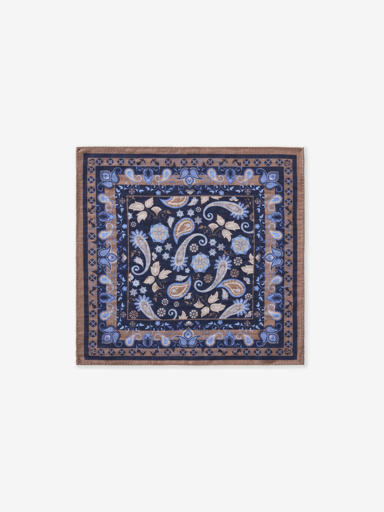 Navy/Taupe Boteh Wool Pocket Square