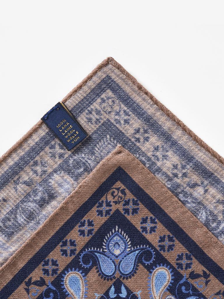 Navy/Taupe Boteh Wool Pocket Square