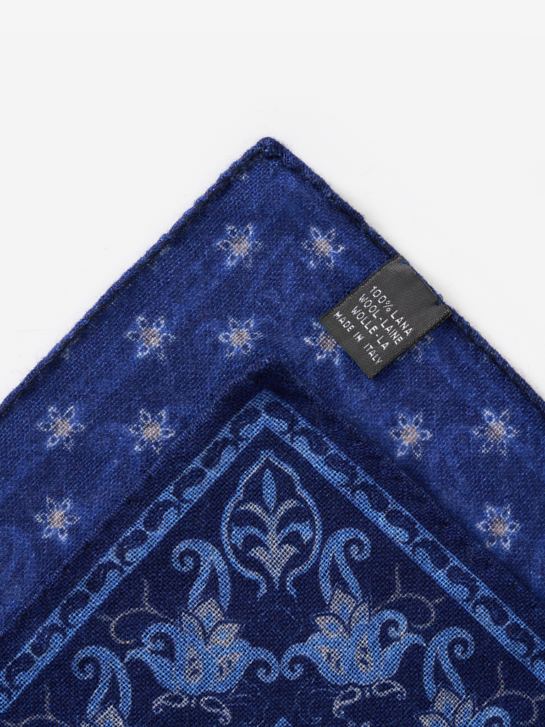 Indigo Jacobean Wool Pocket Square