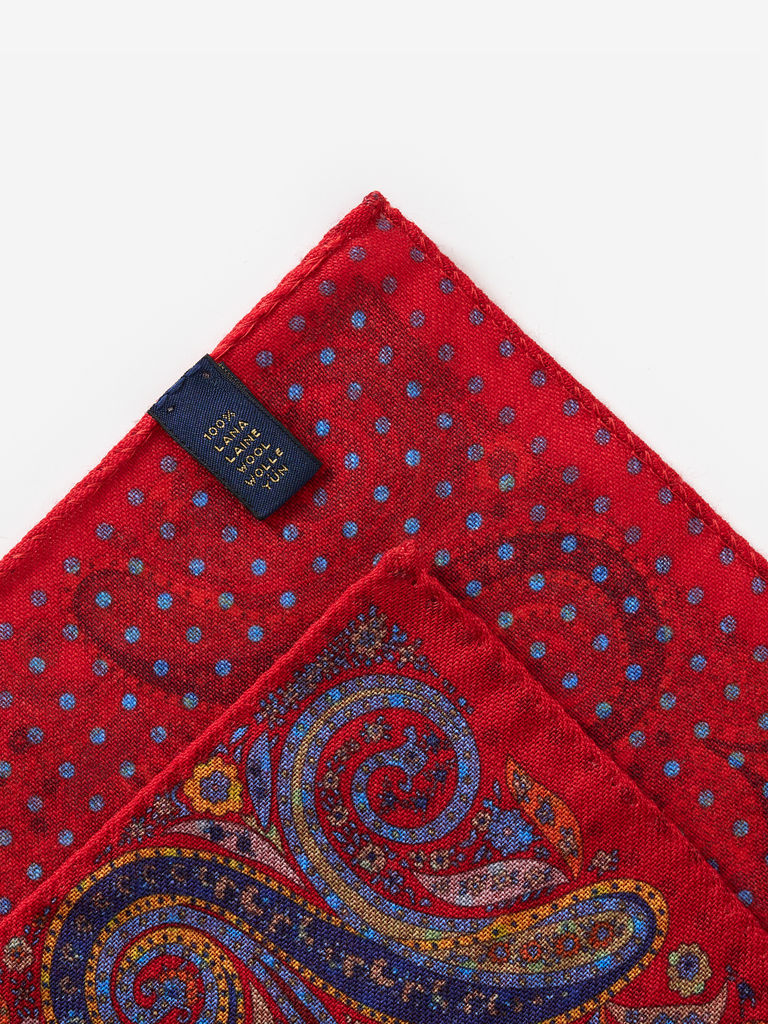 Candy Red Paisley Wool Pocket Square