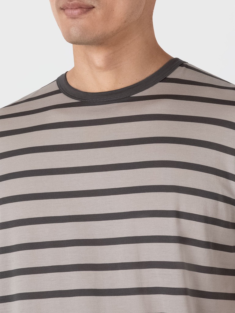 SS Crew Neck T Shirt in Ash Grey/Charcoal Breton Stripe