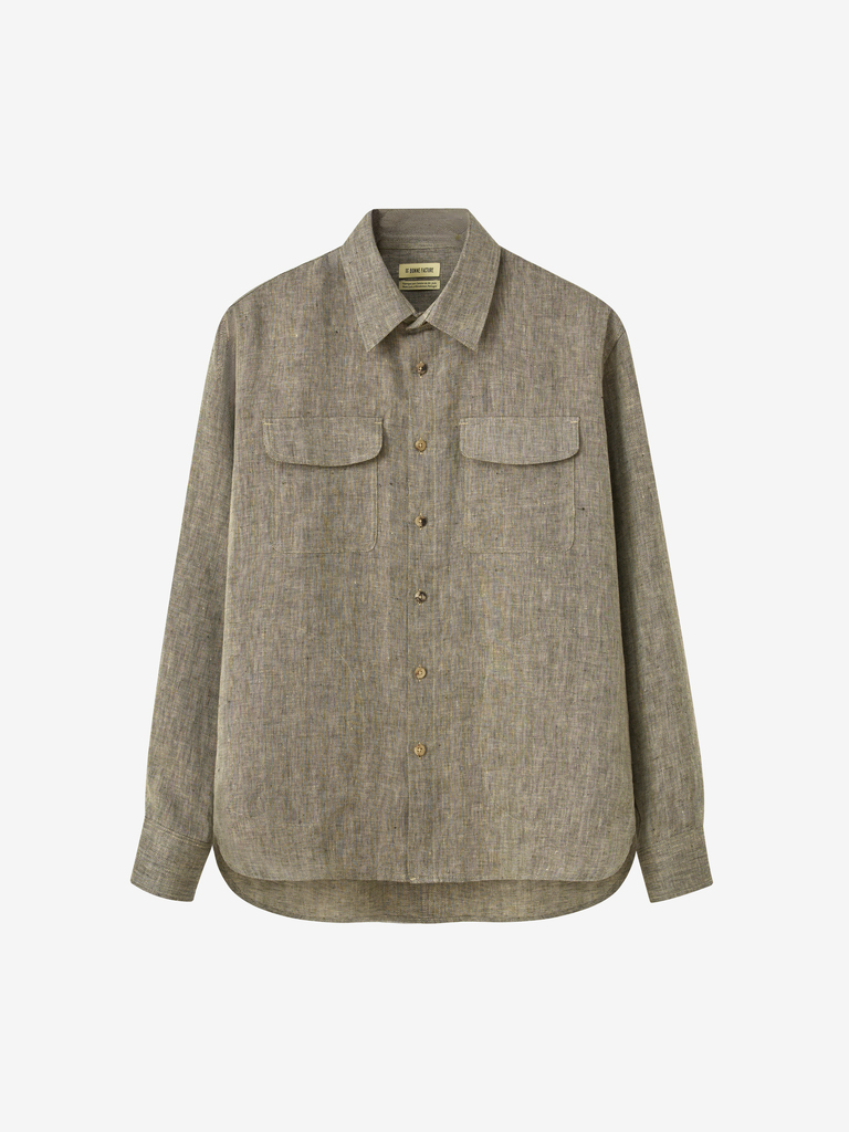 Khaki & Ecru Linen Herringbone Two Pocket Overshirt