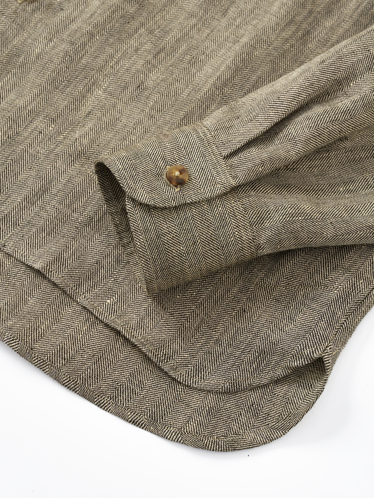 Khaki & Ecru Linen Herringbone Two Pocket Overshirt