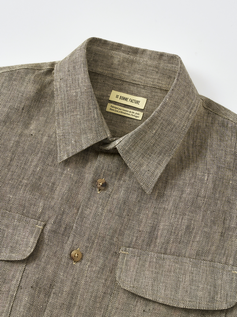 Khaki & Ecru Linen Herringbone Two Pocket Overshirt