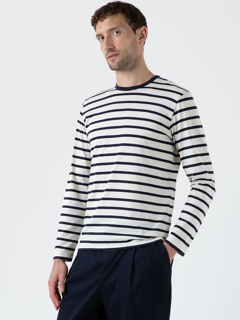 LS T Shirt in Ecru/Navy Breton Stripe