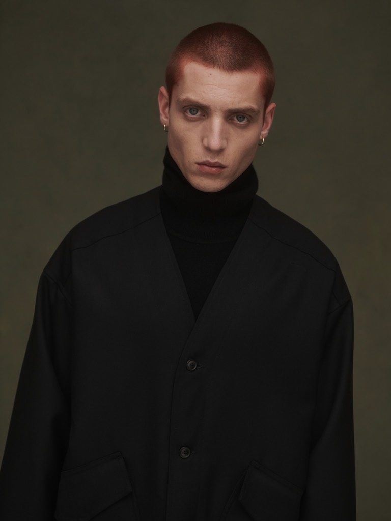 Áo Collarless Shirt In Wool Twill