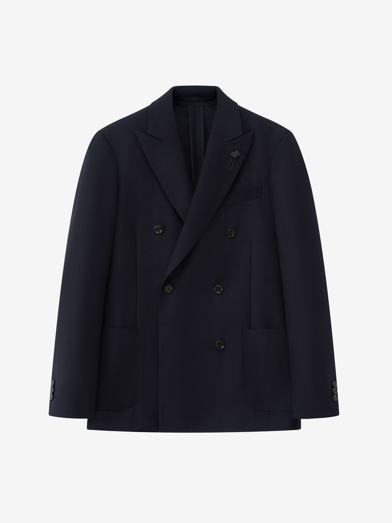 Navy Wide Herringbone Double-Breasted Blazer
