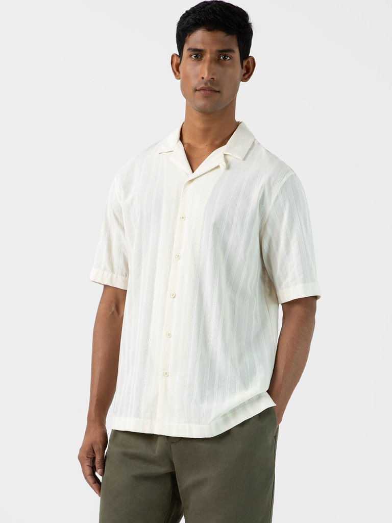 SS Embroidered Stripe Shirt in Ecru