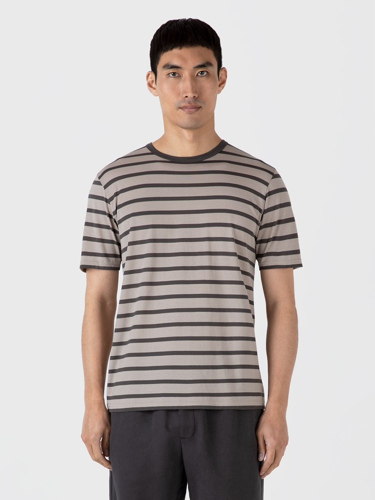 SS Crew Neck T Shirt in Ash Grey/Charcoal Breton Stripe