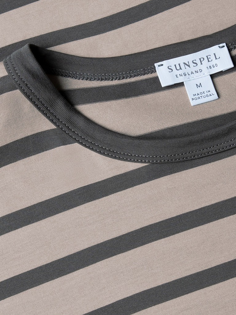 SS Crew Neck T Shirt in Ash Grey/Charcoal Breton Stripe